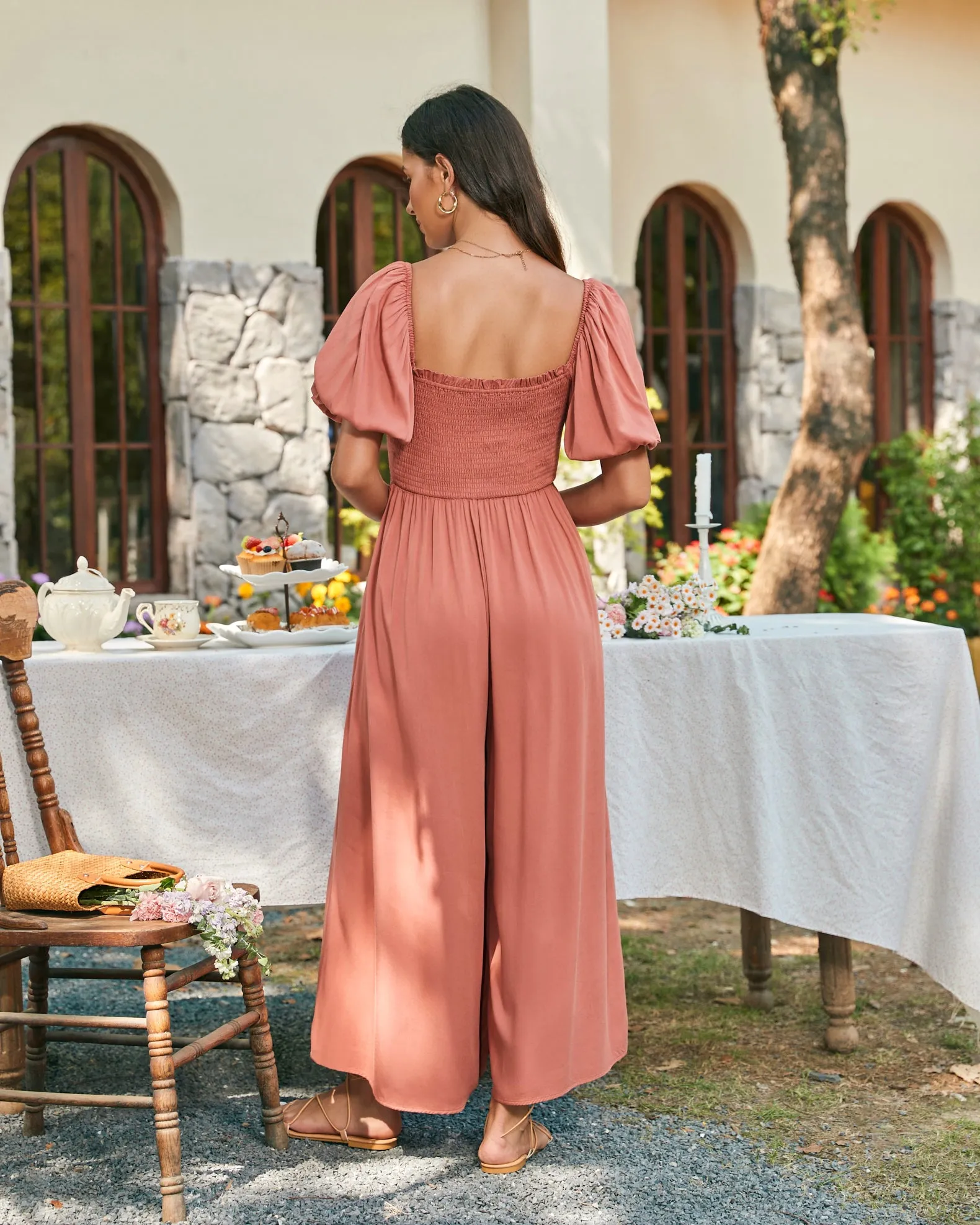 Giselle Terracotta Pink Puff Sleeve Jumpsuit