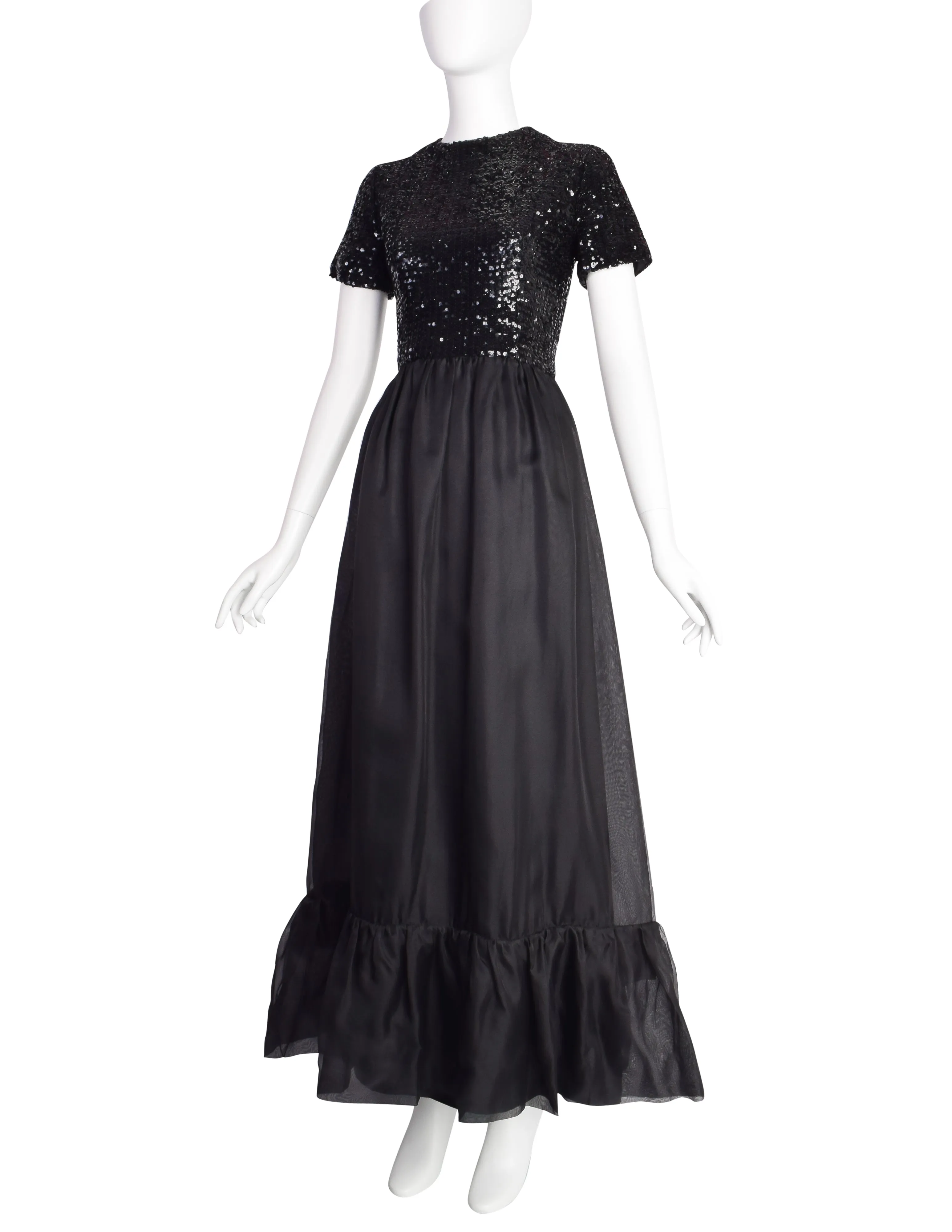 Givenchy Vintage 1970s Gorgeous Black Sequin Organza Ruffle Full Length Dress