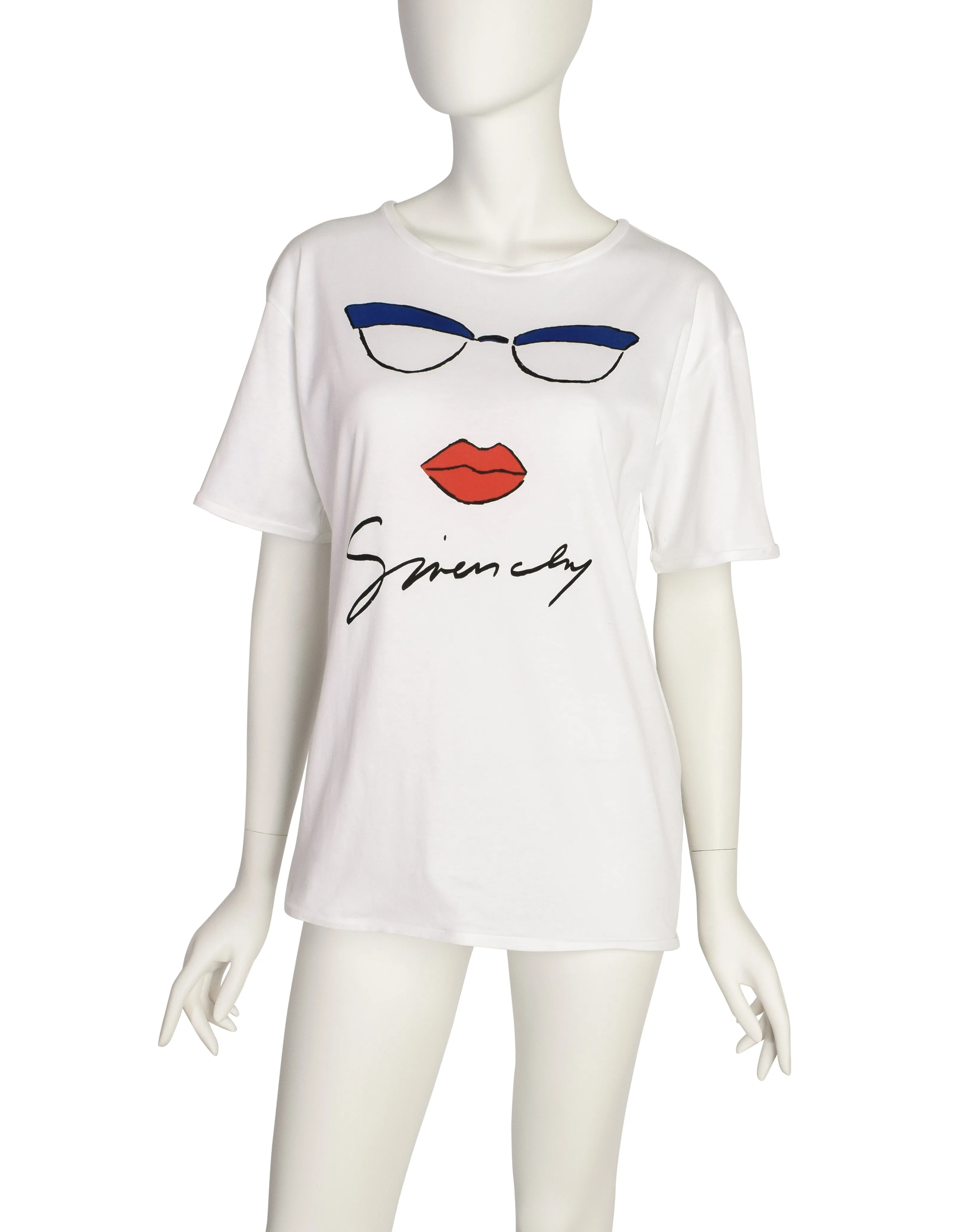 Givenchy Vintage White Glasses Lips Novelty Signature Logo T-Shirt