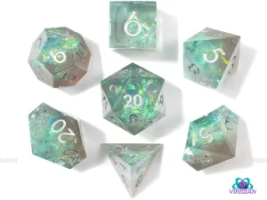 Glacier Freeze | Sharp-Edged Holographic Film | Clear Translucent Gray, Blue, Teal, Gold Glittery Resin Dice Set (7)