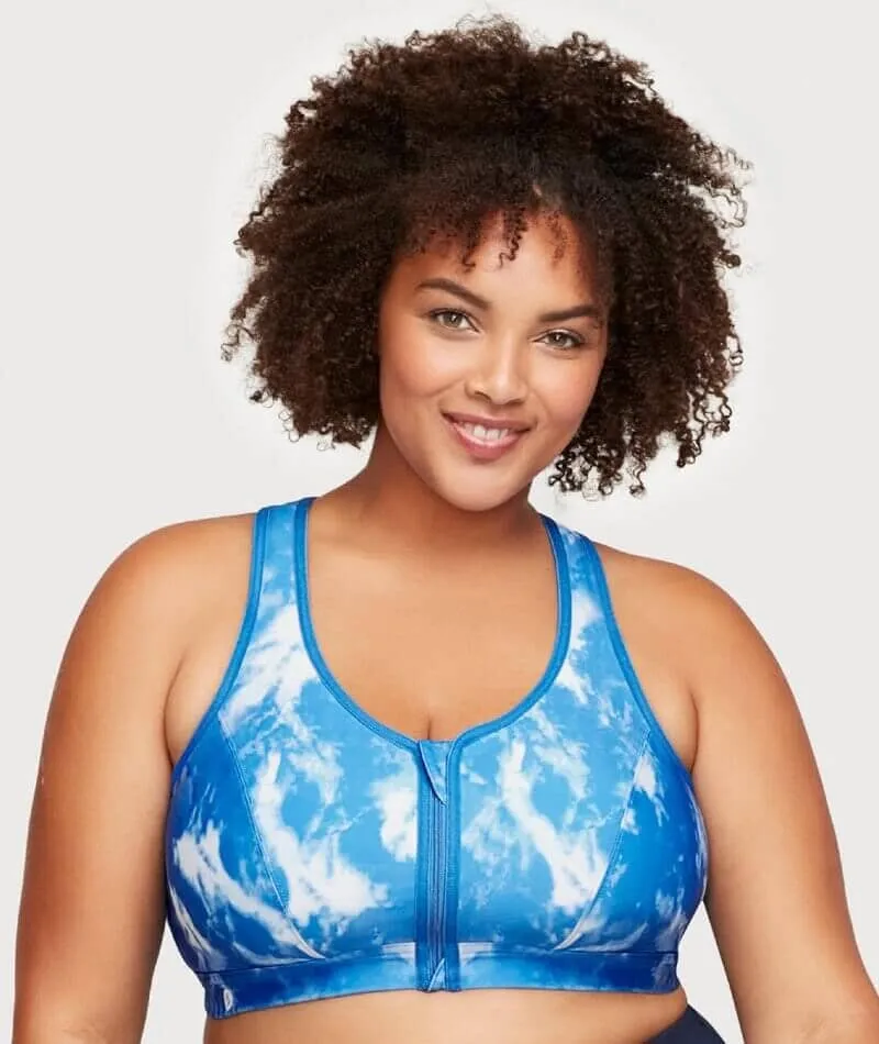 Glamorise Zip Up Front-Closure Wire-Free Sports Bra - Blue Tie-Dye