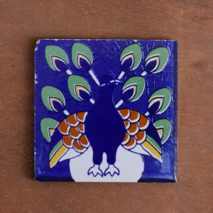 Glamour Bold Blue Peacock Designed Ceramic Square Tile Set of 2