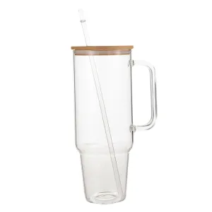 Glass 40 oz. Tumbler with Bamboo Lid, Handle & Straw - Clear