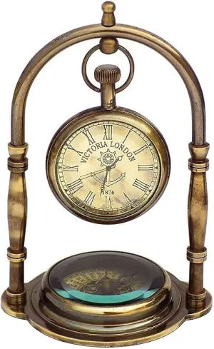 Glass Clock Watch with Compass Vintage Desk Table/Office Table Decor (4 x 2.5 inches)