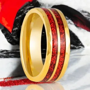 GLEAMFIRE | Gold Tungsten Ring, Red Glitter Inlay, Faceted Edge