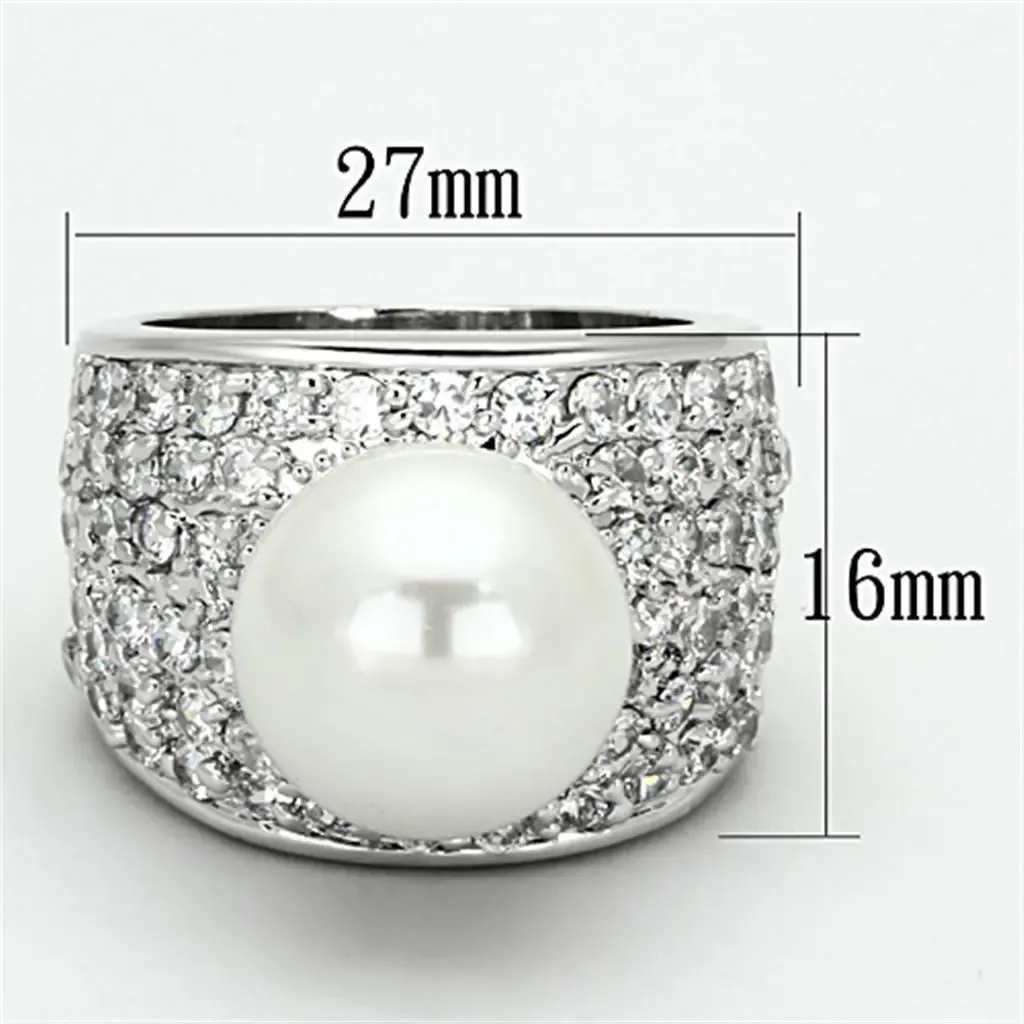 Gleaming Elegance: Rhodium Brass Ring with Lustrous White Synthetic Pearl