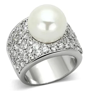 Gleaming Elegance: Rhodium Brass Ring with Lustrous White Synthetic Pearl