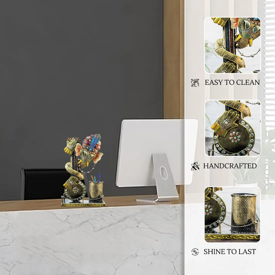 Gleevers Metallic Antique Ganesha Aesthetic Pen Stand For Study Table and Office Desk | Decorative Pen Holder for Home, Living Room,Office, and Tabletop | Gift for Décor Items