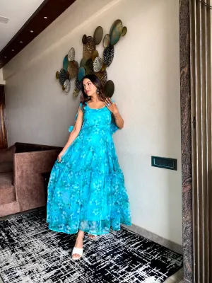 Glimmering Organza Silk Aqua Blue Color Gown