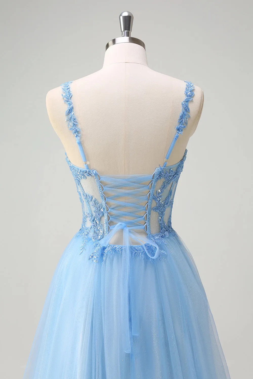 Glitter A Line Blue Appliques Corset Prom Dress with Slit