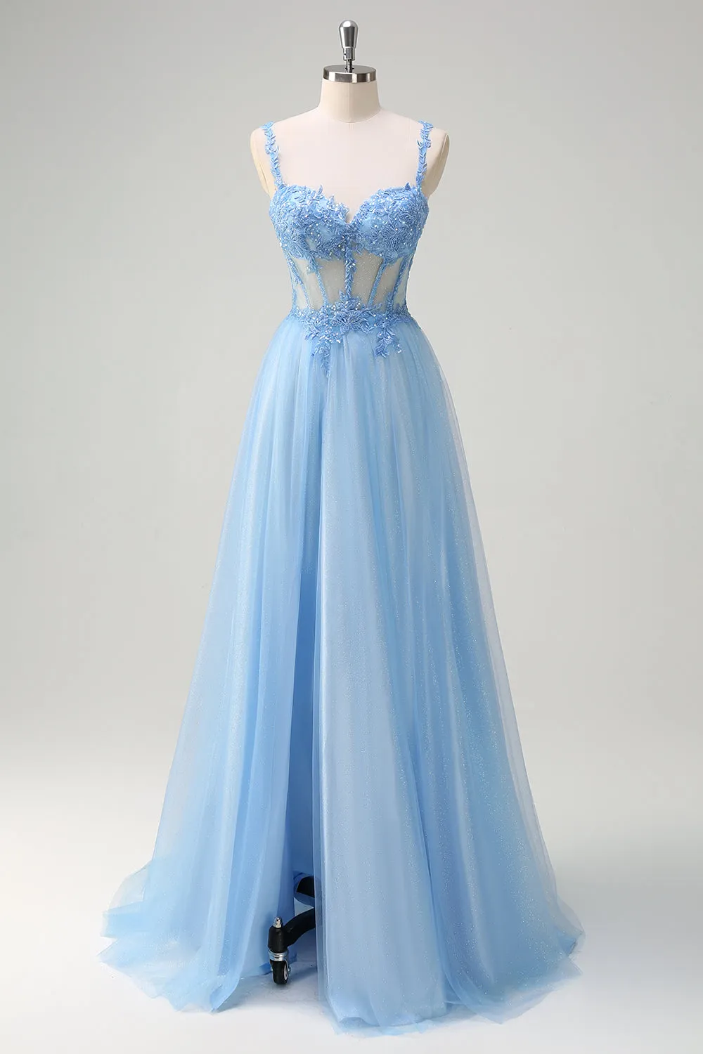 Glitter A Line Blue Appliques Corset Prom Dress with Slit