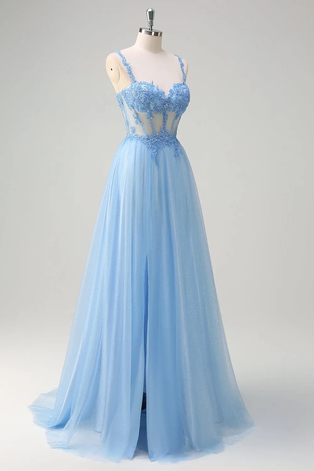 Glitter A Line Blue Appliques Corset Prom Dress with Slit