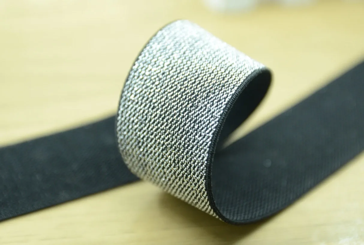 Glitter Elastic, 1.5 inch 38mm Silver and Gold Glitter in Black Elastic