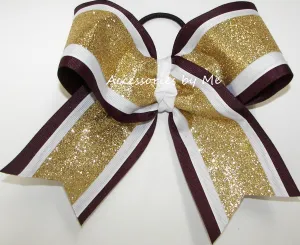 Glitter Gold White Maroon Cheer Bow