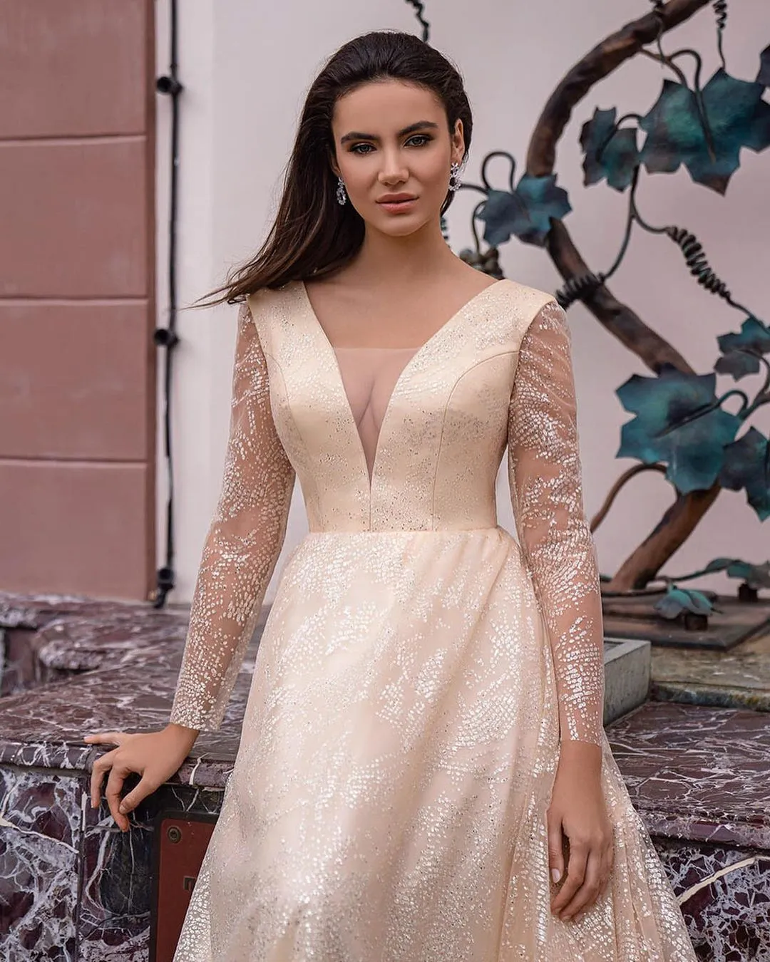 Glitter Long A-Line V-Neck Wedding Dress with Sleeves