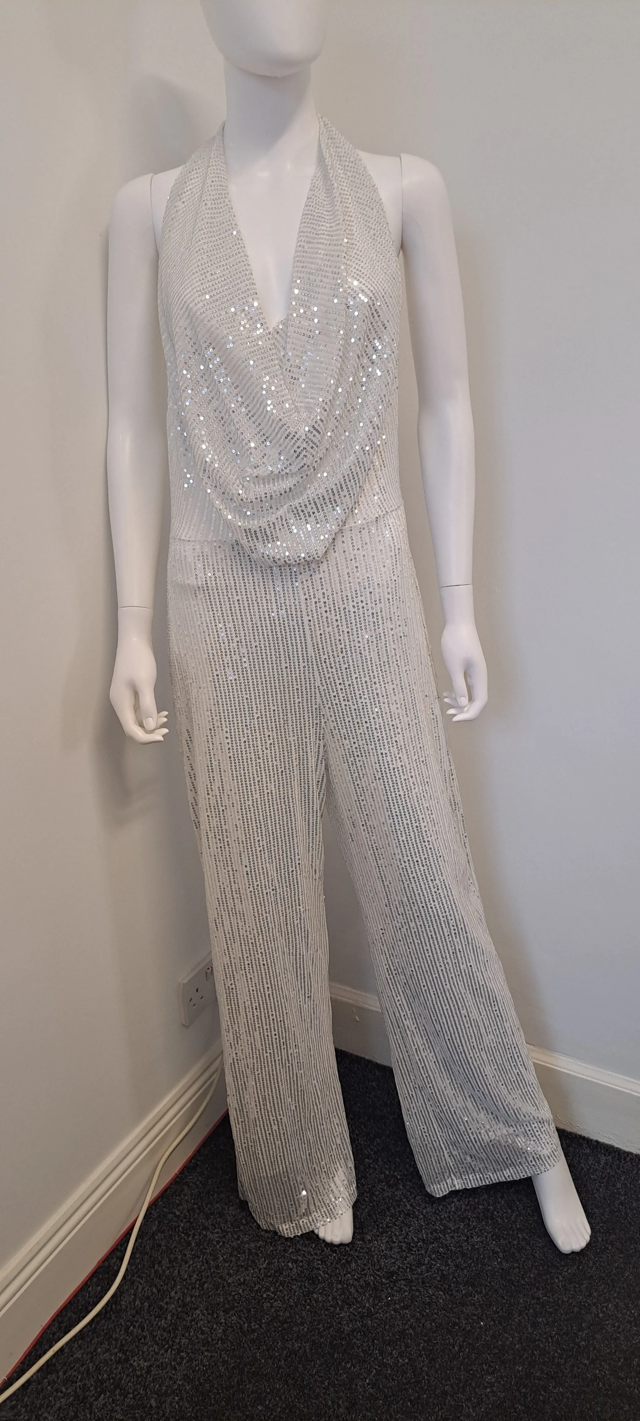 Glitter Sequins Cowl Neck Plunge Jumpsuit