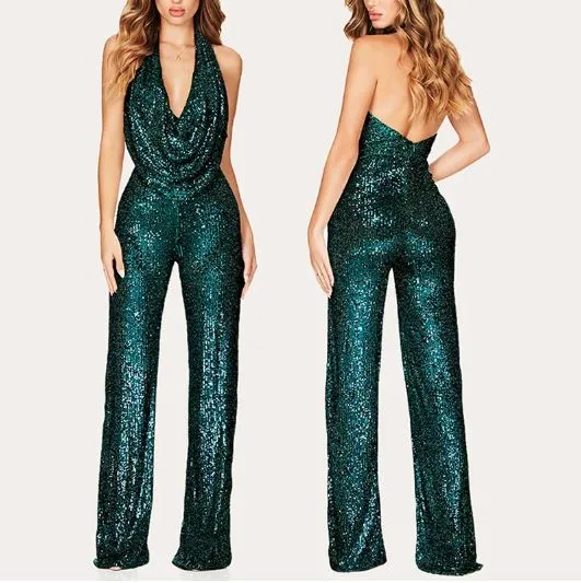 Glitter Sequins Cowl Neck Plunge Jumpsuit