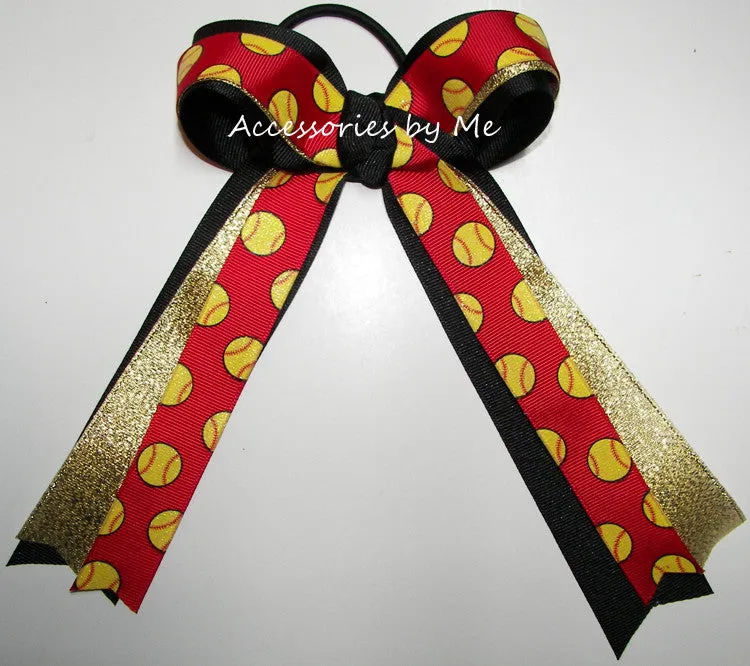 Glitter Softball Red Black Gold Metallic Ponytail Bow