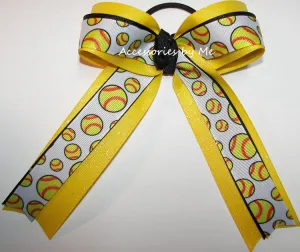 Glitter Softball Yellow Black Ponytail Bow