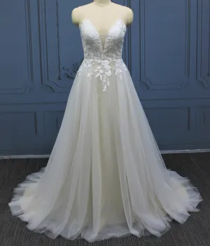 Glitter Tulle A Line Sleeveless Beaded Spaghetti Strap Wedding Gown