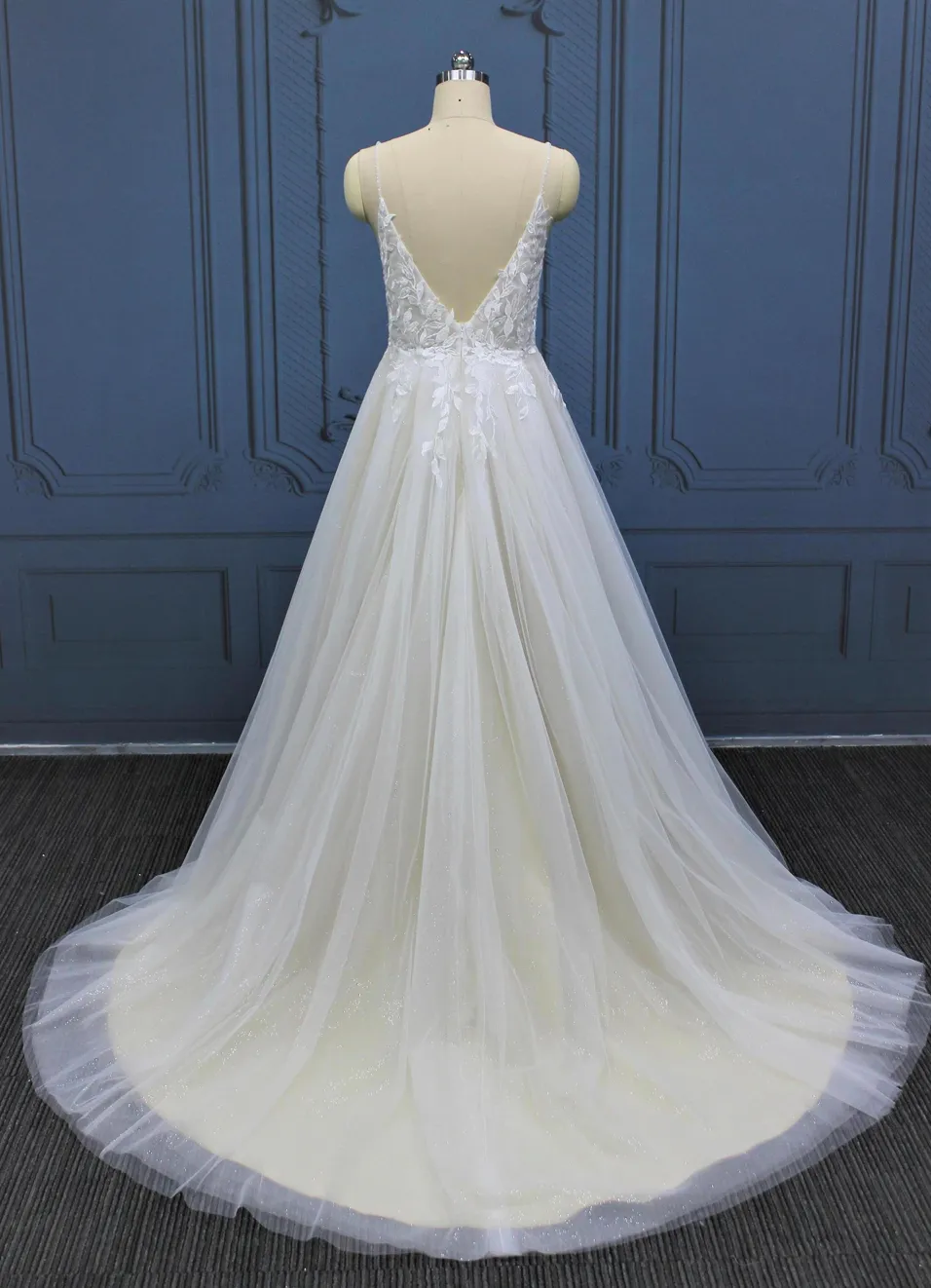 Glitter Tulle A Line Sleeveless Beaded Spaghetti Strap Wedding Gown