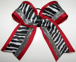 Glitter Zebra Red Black Silver Cheer Bow