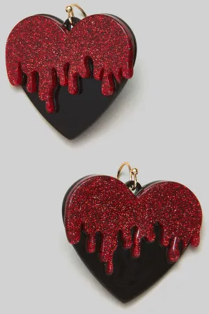 Glittery Bloody Black Heart Dangle Earrings