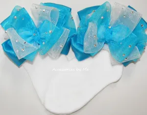 Glitzy Turquoise Blue White Bow Socks