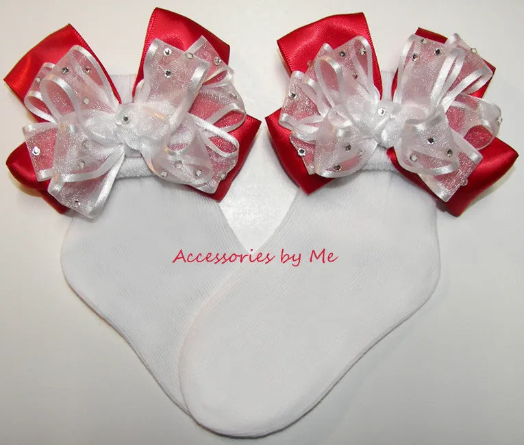 Glitzy White Red Bow Socks