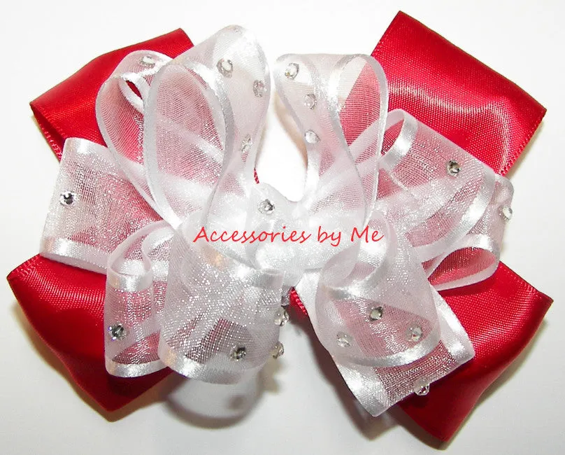 Glitzy White Red Organza Satin Hair Bow