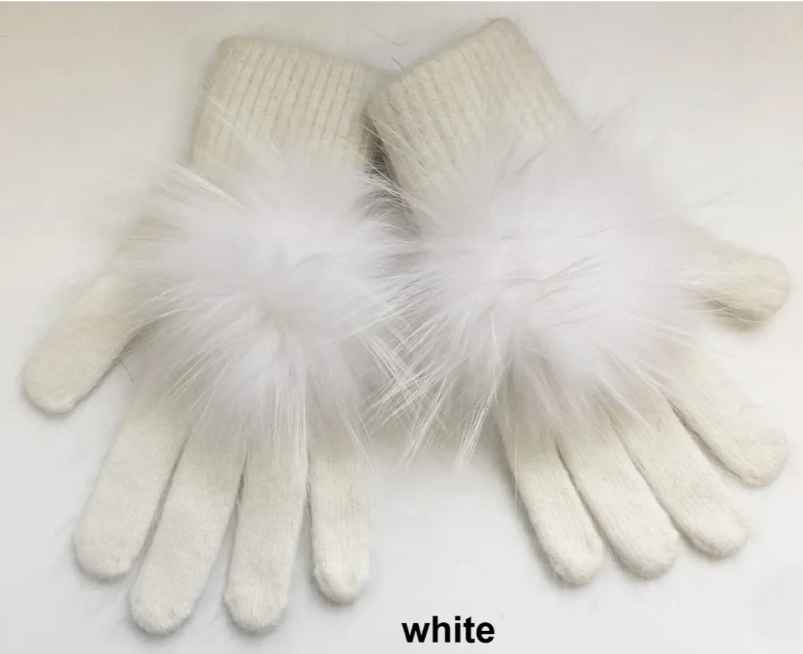 Gloves, Angora Wool with Genuine Fur Pom, Multiple Colors - Linda Richards - Style GL04