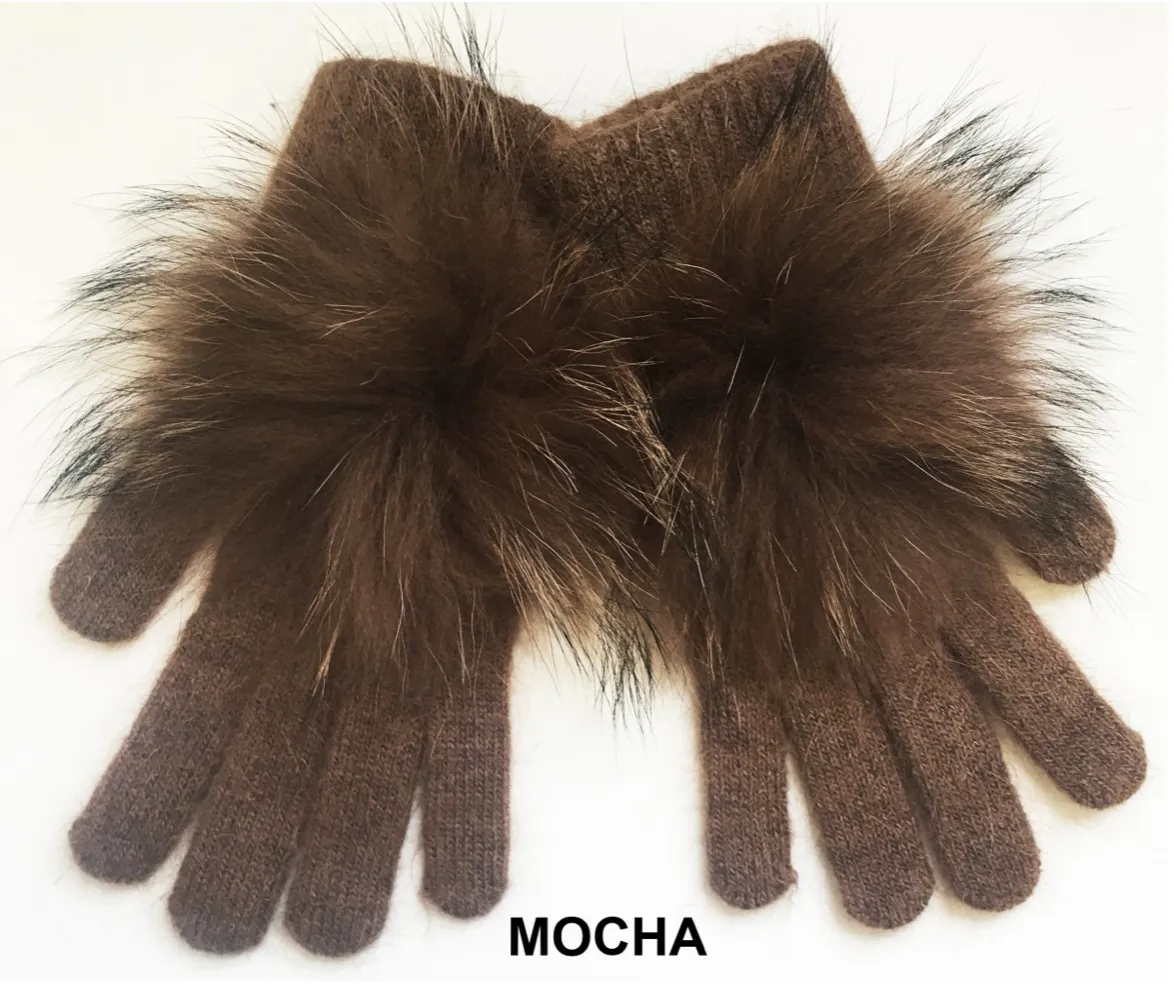 Gloves, Angora Wool with Genuine Fur Pom, Multiple Colors - Linda Richards - Style GL04