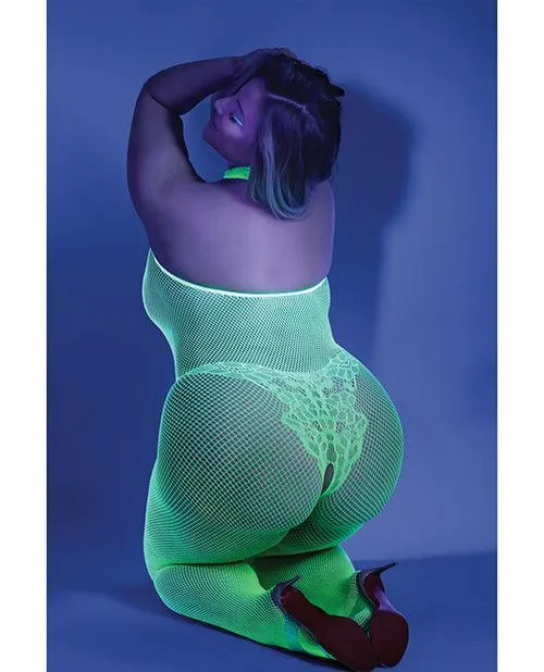 Glow Black Light Crotchless Bodystocking Neon Green Qn