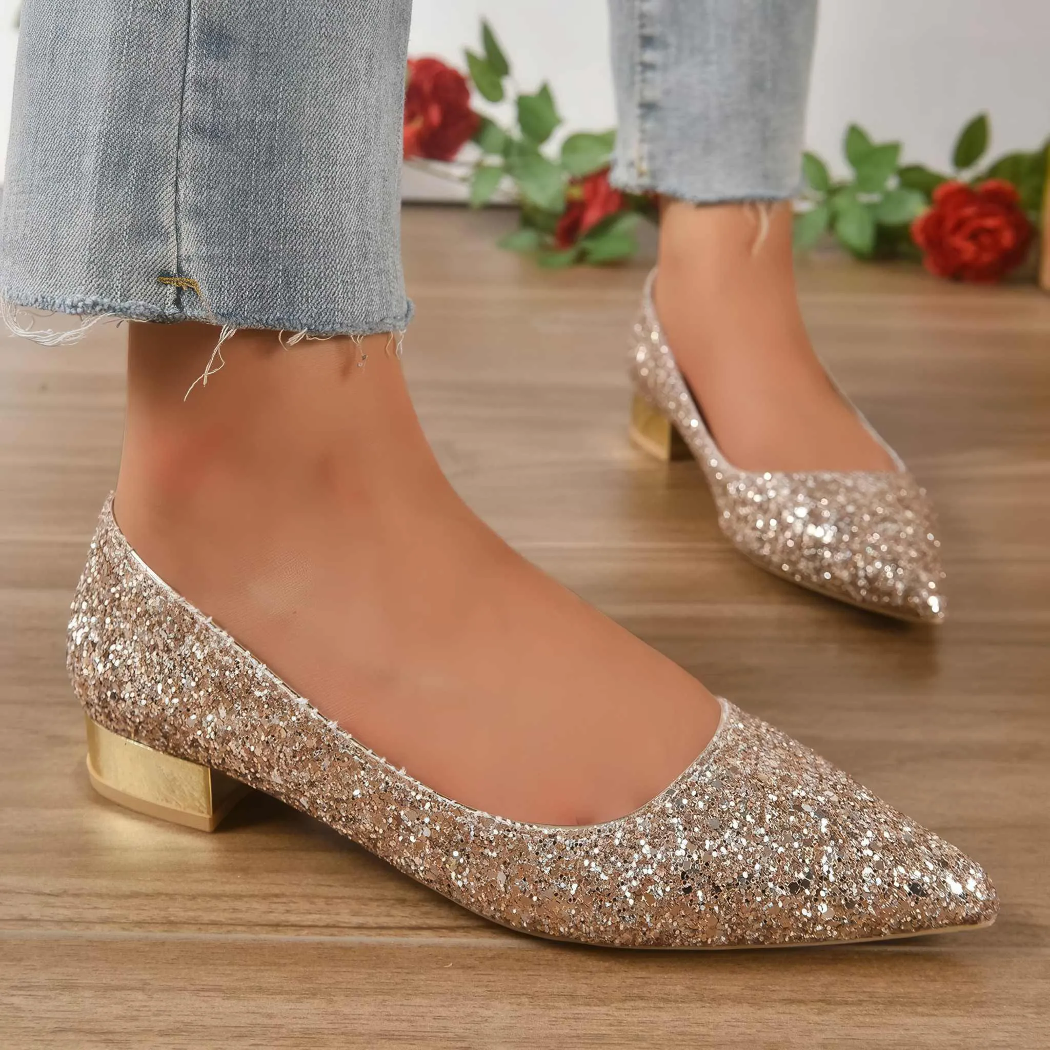 Glow Chic's Crystal Sequin Low Heel Shoes – Elegant Footwear