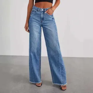 Glow Chic's Loose Wide-Leg Frayed Hem Jeans with Side Seam Stitching