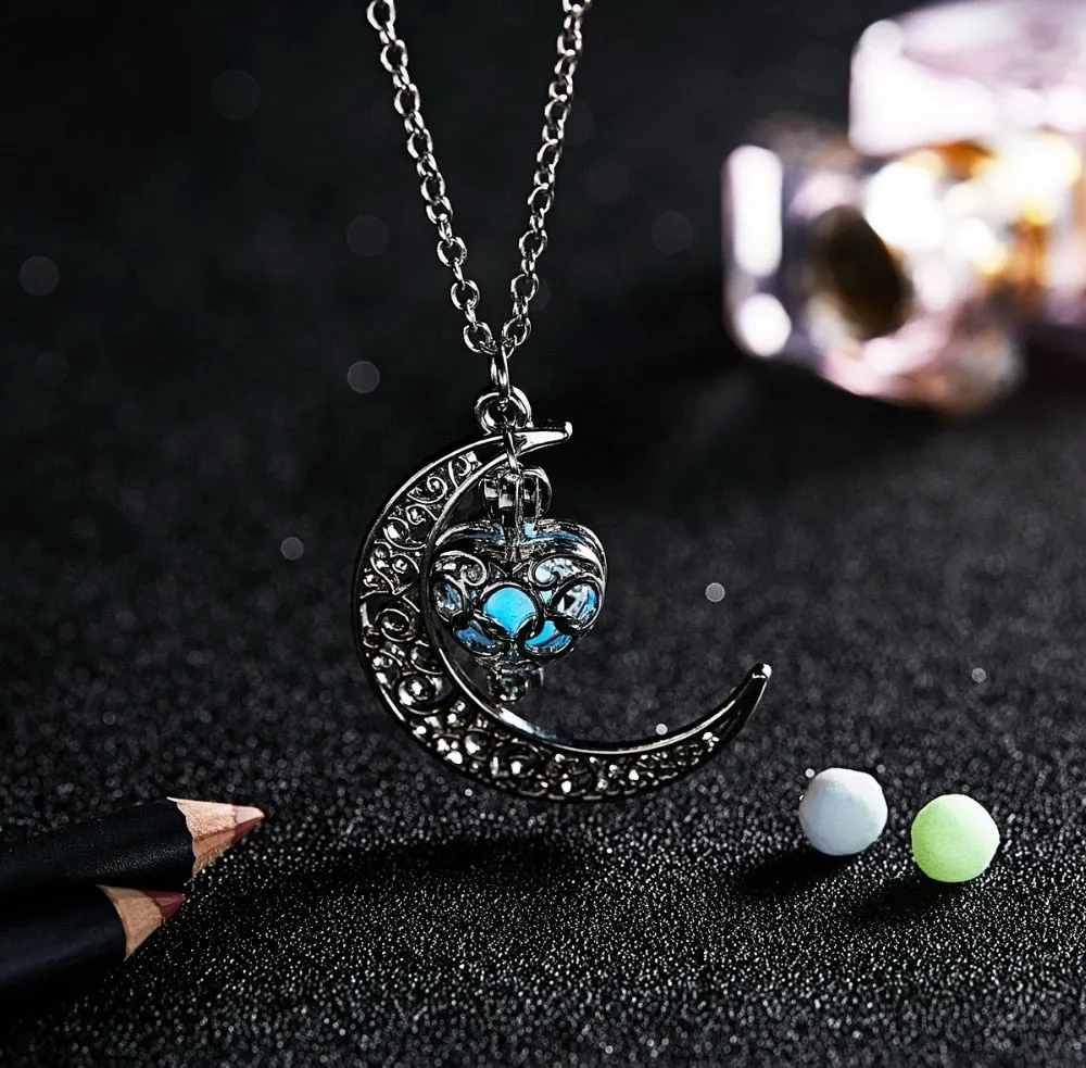 Glow In The Dark Necklace Moon Square Heart Necklaces For Woman Hollow Water Drop Pendant