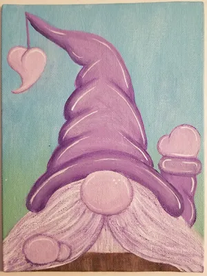 Gnome painting, waving gnome, hello gnomie, acrylic painting, original art, purple, lavender, original art painting