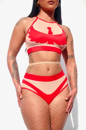 Goddess High Waisted Bottoms - Red with Sand Mesh