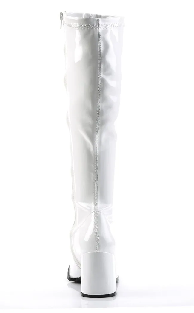 GOGO-300 White Stretch Vegan Leather Boots