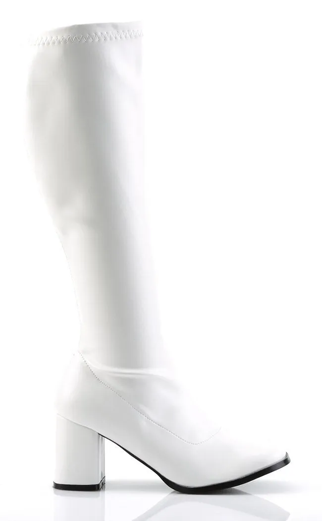 GOGO-300 White Stretch Vegan Leather Boots