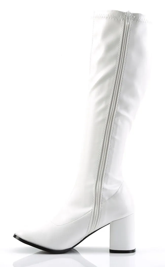 GOGO-300 White Stretch Vegan Leather Boots