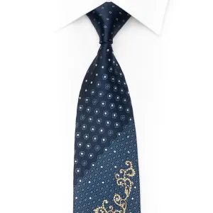 Gold Acanthus Scrolls On Blue Rhinestone Tie With Silver Sparkles