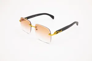 Gold & Black Wood Rimless Sunglasses, Gradient Brown Lenses