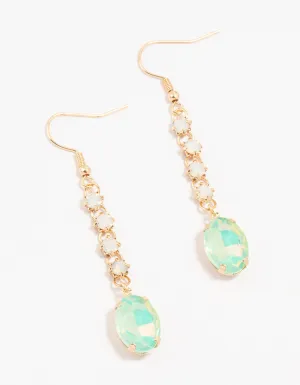 Gold & Green Cup Chain Diamante Oval Drop Earrings