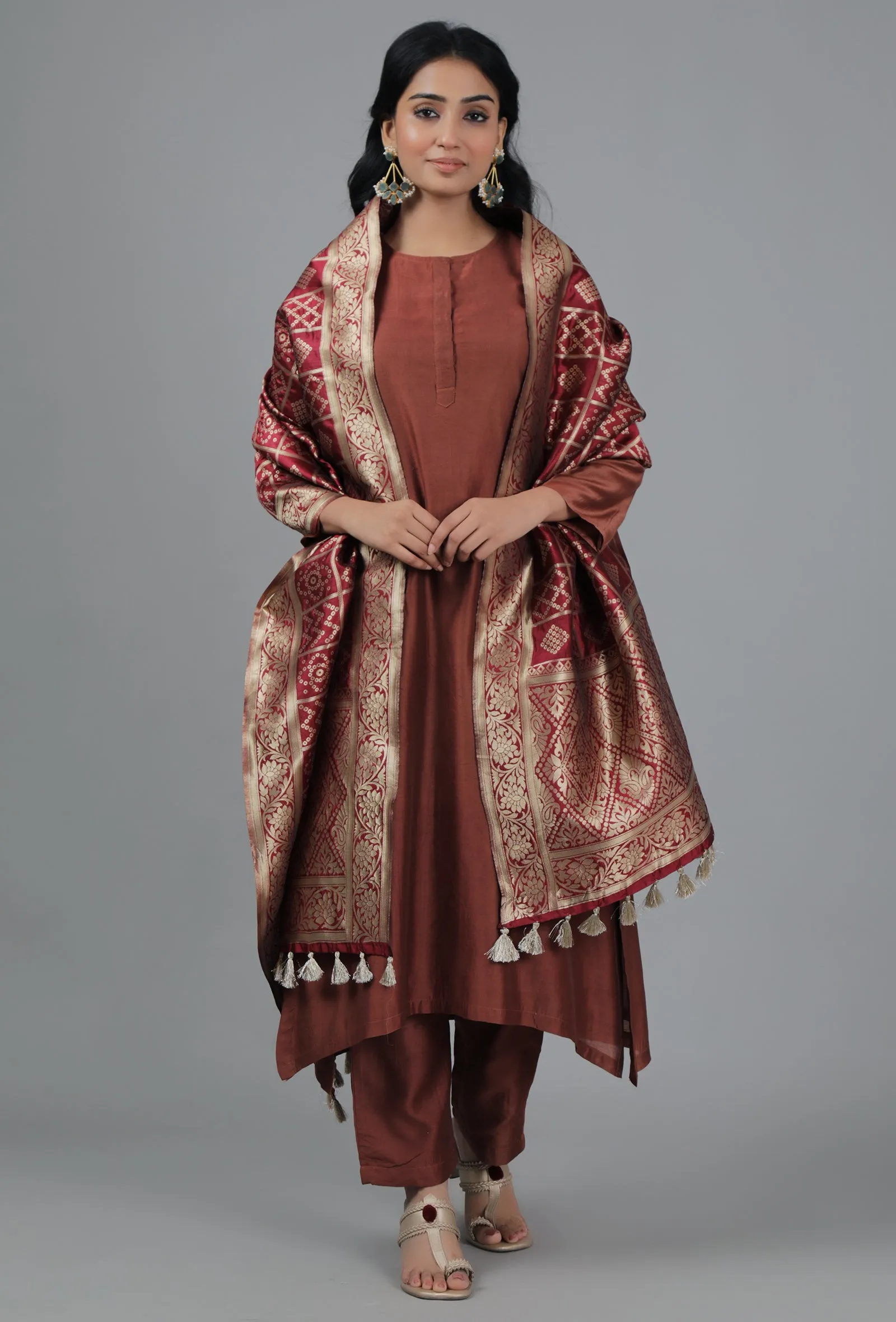 Gold & Maroon Bandhani Brocade Dupatta