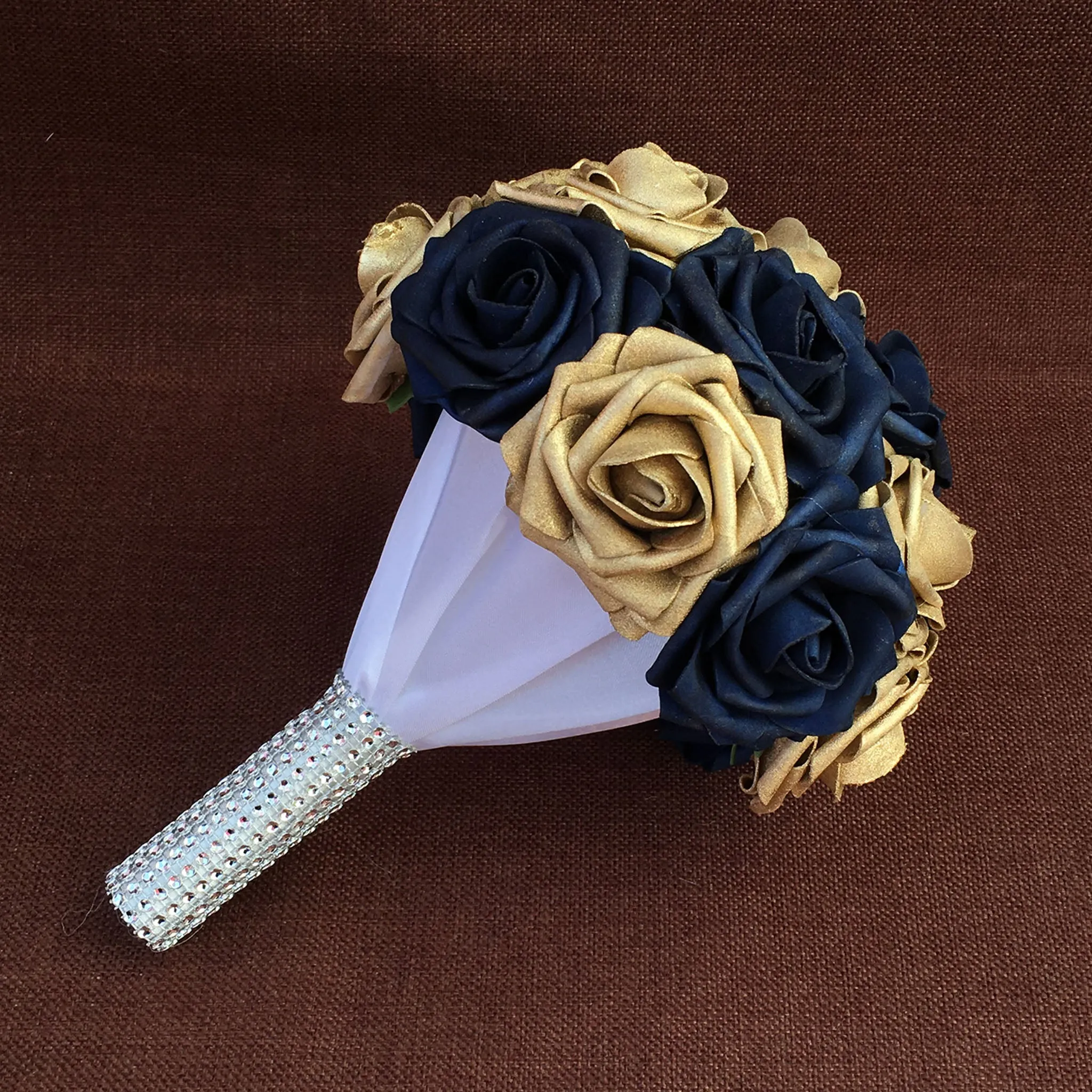 Gold and Navy Blue Bridesmaid Bouquet Fake Rose Wedding Bouquet