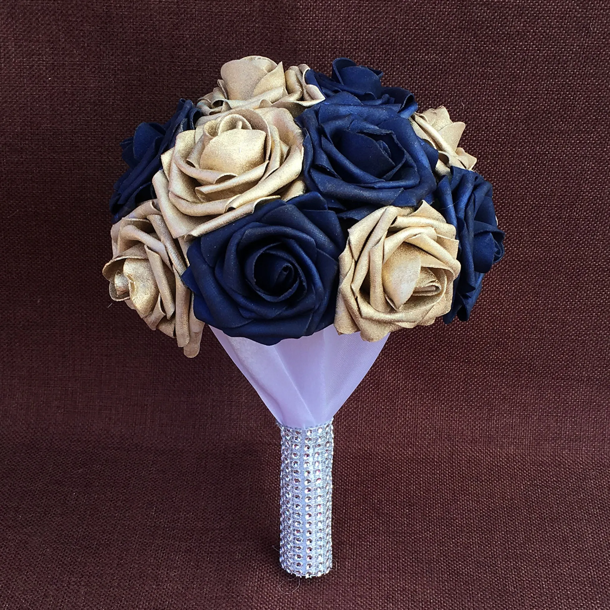 Gold and Navy Blue Bridesmaid Bouquet Fake Rose Wedding Bouquet