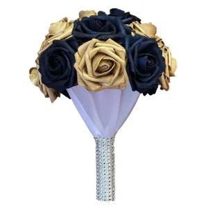 Gold and Navy Blue Bridesmaid Bouquet Fake Rose Wedding Bouquet