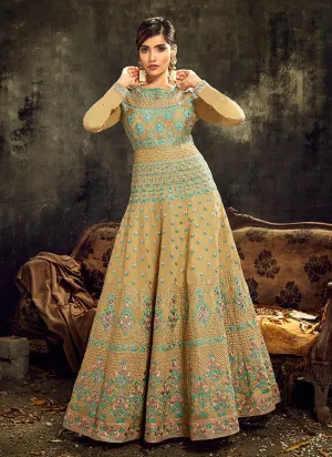 Gold And Teal Embroidered Anarkali Suit