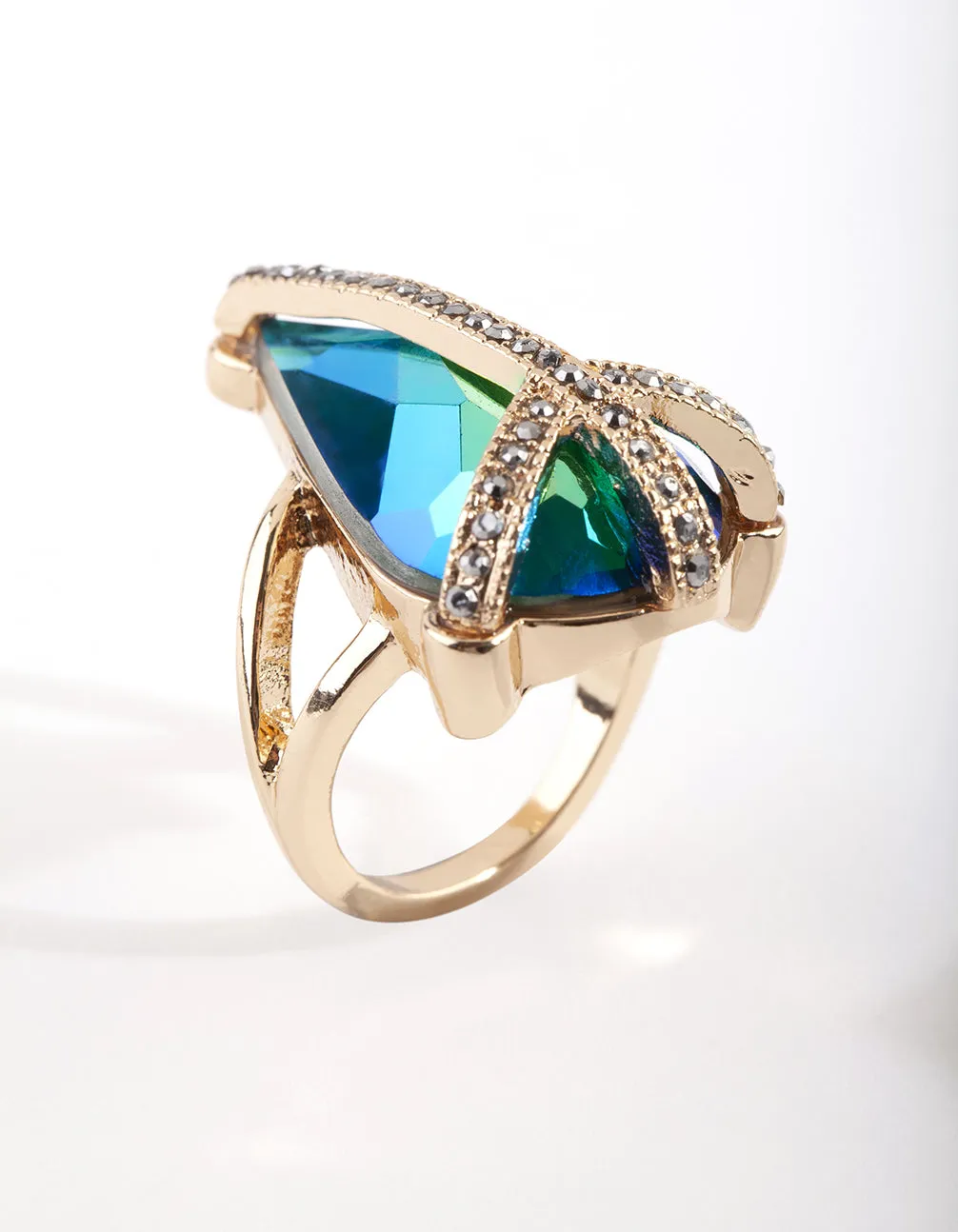 Gold Aqua Diamante Teardrop Vintage Ring